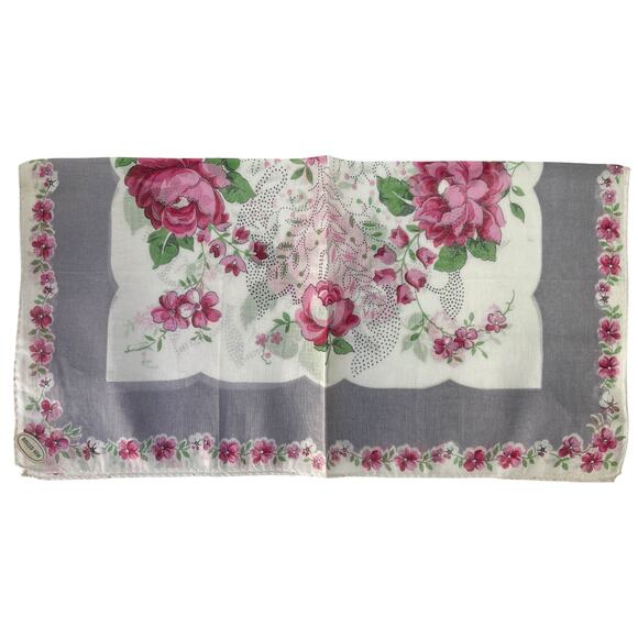1960s Blooming Pink Roses Floral Design Cotton Lady's Handkerchief - Picture 3 of 7